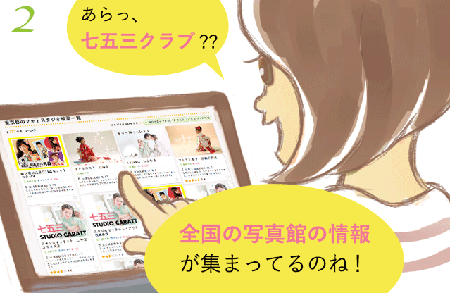 2コマめ「全国の写真館情報が集まった七五三クラブを発見！」