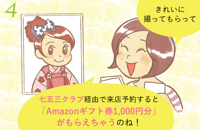4コマめ「写真館ではきれいな七五三写真を取ることができ、七五三クラブ経由の予約でAmazonギフト券1,000円分がもらえるお得な七五三ポータルサイト」