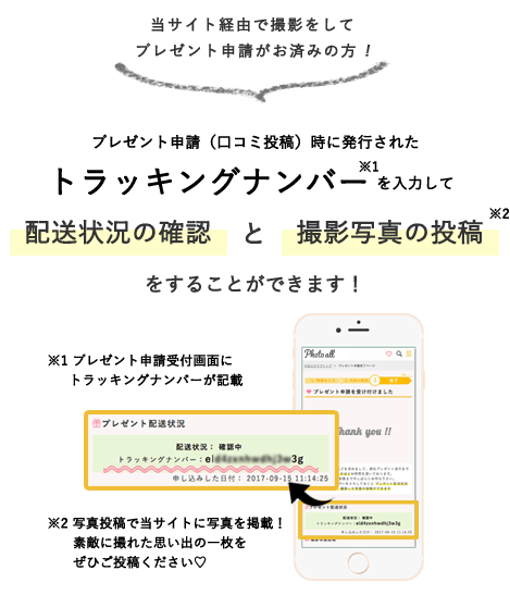 プレゼント申請(口コミ投稿)時に発行されたトラッキングナンバーを入力して、撮影写真の投稿ができます。同様に申請したプレゼントの配送状況の確認も可能です。